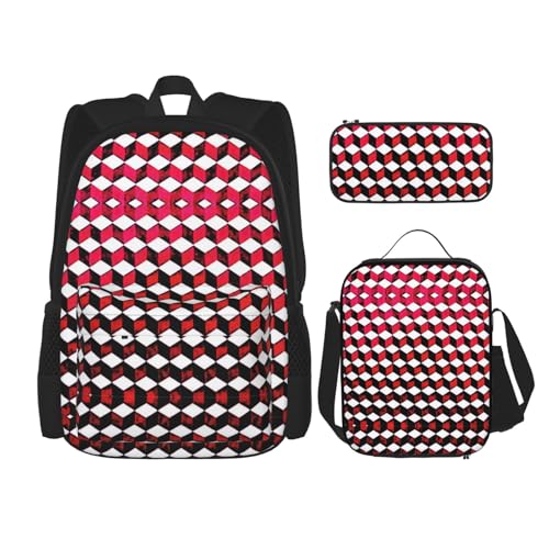 WURTON 3D rot karierter Druck Lunchbox Federmäppchen Rucksack Set 3 Stück verstellbare Träger langlebig leicht, Schwarz, One Size