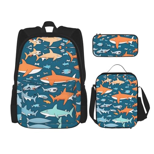 WURTON Selachimorph Druck Reise Lunchbox Federmäppchen Rucksack Set 3 Stück Verstellbare Träger Leicht, Schwarz, Einheitsgröße