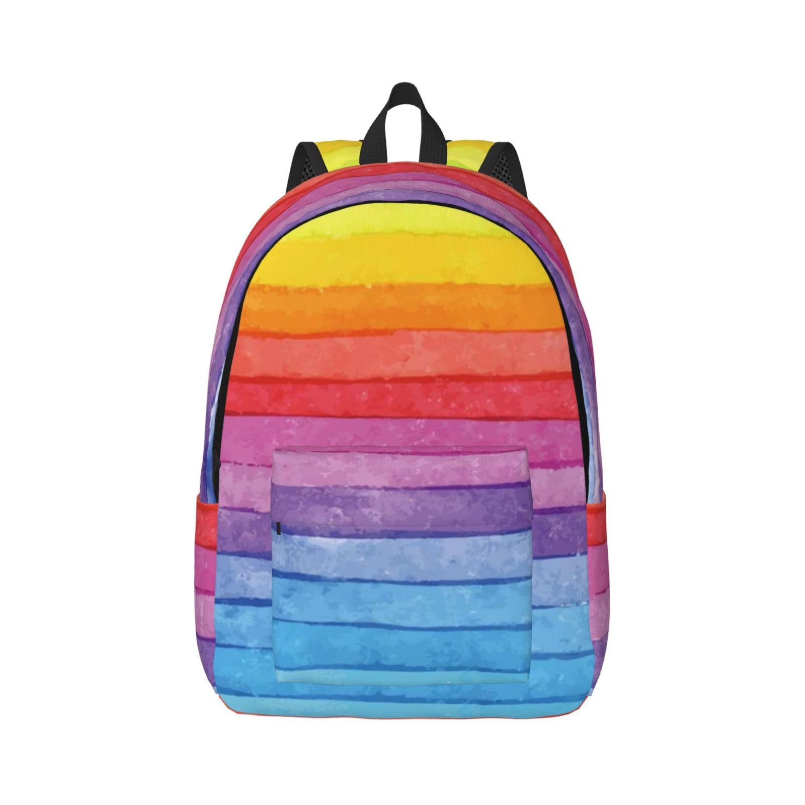 Wurton Niedlicher Regenbogenstreifen-Druck Unisex Segeltuch-Rucksack für den lässigen Sport der Reise Ästhetik, Schwarz , M