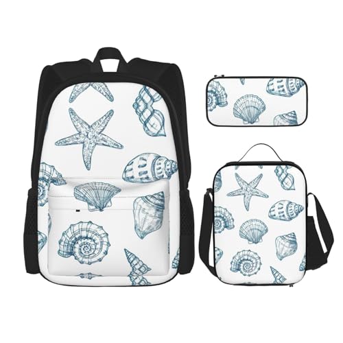 WURTON Rucksack mit Seestern-Muscheldruck, 3-in-1-Büchertaschen-Set, Lunchbox, Federmäppchen, Reise-Laptop-Tagesrucksäcke, Schwarz, Einheitsgröße