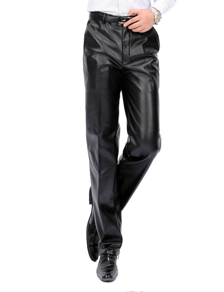 Idopy Männer klassische Business Casual Regular-Fit Schwarz Faux Leder Hose Hosen (W32/EU42(Taillenumfang 85cm))