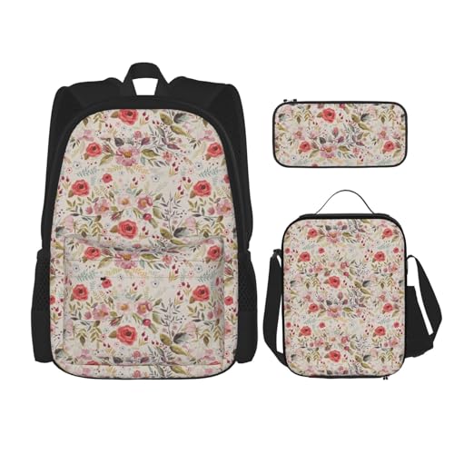 WURTON Rustikale Lunchbox mit Rosen-Blumendruck, Federmäppchen, Rucksack-Set, 3-teilig, verstellbare Riemen, langlebig, leicht, Schwarz, One Size