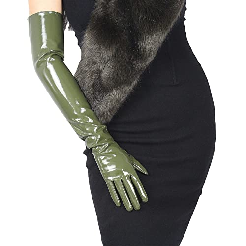 DooWay Damen Lange Lederhandschuhe Wetlook Kunstleder PU für Abend Opera Ball Kostüm Party Olivgrün 60cm, Olivgrün, 60 cm, 85