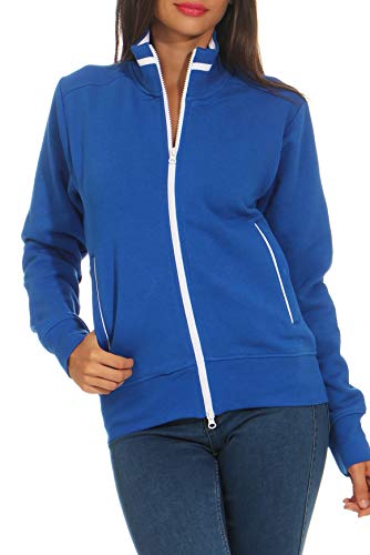 Happy Clothing Damen Sweatjacke mit Reißverschluss und Kragen ohne Kapuze im sportlichen Design, Elegante Jacke aus Baumwolle für Sport und Freizeit, Größe:S, Farbe:Blau