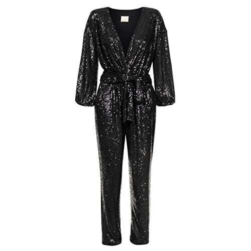 Swing Fashion Jumpsuit Damen Elegant | Festliches Jumpsuit | Party Jumpsuit | Glitzer Jumpsuit | Playsuit | Hosenanzug | Romper | Pailletten-Overall | V-Ausschnitt | Langarm | Schwarz | 34 (XS)