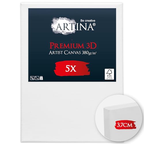 Artina 5er Set 3D Leinwand 50x70cm – Bespannt auf stabilem FSC® Keilrahmen, verzugsfrei, 3-fach weiß vorgrundiert, Premium Qualität, 100% Baumwolle, 380 g/m² – Künstlerbedarf