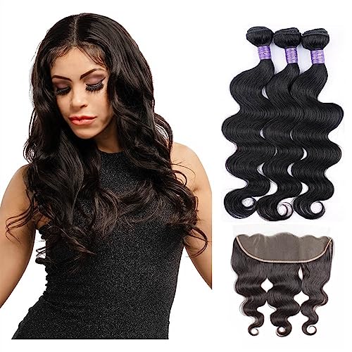 Human Hair Bundles 3 Körperwellen-Bundles mit 13 x 4 Spitzen-Frontalverschluss, transparente Remy-Menschenhaar-Webart, schwarze Remy-brasilianische Haarverlängerung human hair weave (Size : 12 12 12