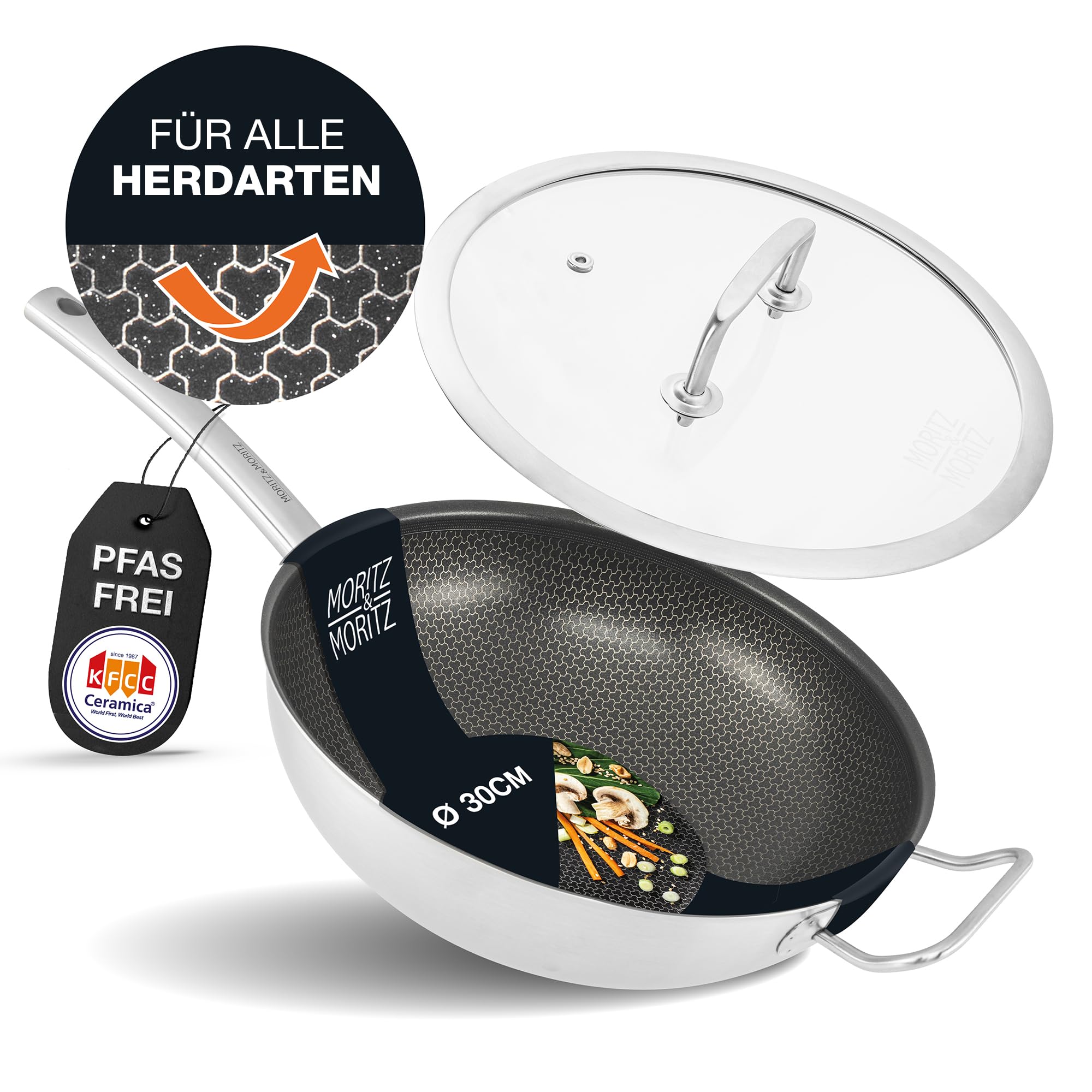 Moritz & Moritz Edelstahl Wokpfanne mit Deckel 30cm und Keramikbeschichtung der neuesten Generation - für alle Herdarten geeignet - Antihaft Wok Wabenstruktur zum Kochen, Braten und Schmoren