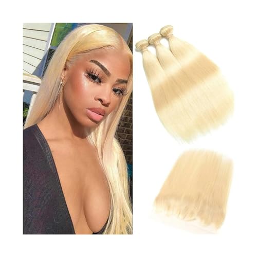 Bundles mit Verschluss 613 blonde glatte Haarbündel mit Verschluss, Mittelteil, 3/4 Bündel mit Spitzenfront, 25,4–101,6 cm, brasilianisches Echthaar, Remy-Verlängerung Hair Geflochten(4" x 4",38 38 38