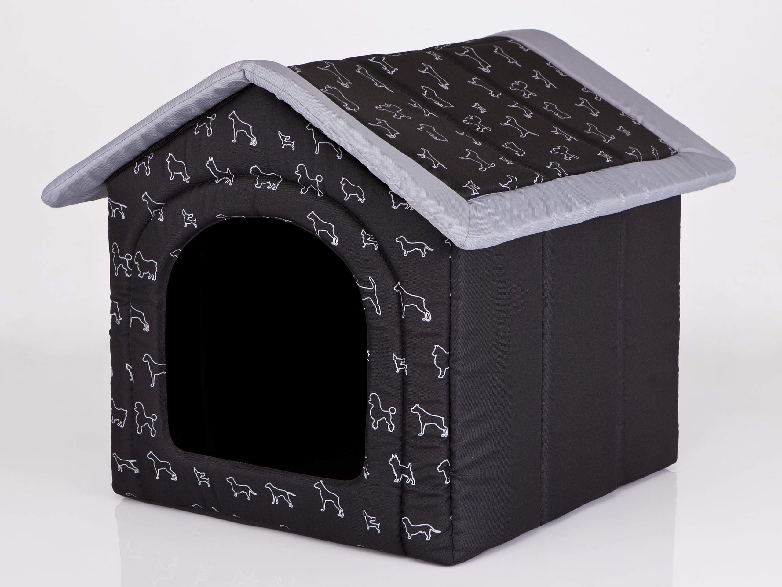 PillowPrim Hundehütte Hundehöhle Hundebett Hundehaus Katzenhöhle Tierbett XL - 60x55 cm schwarz mit Hunden