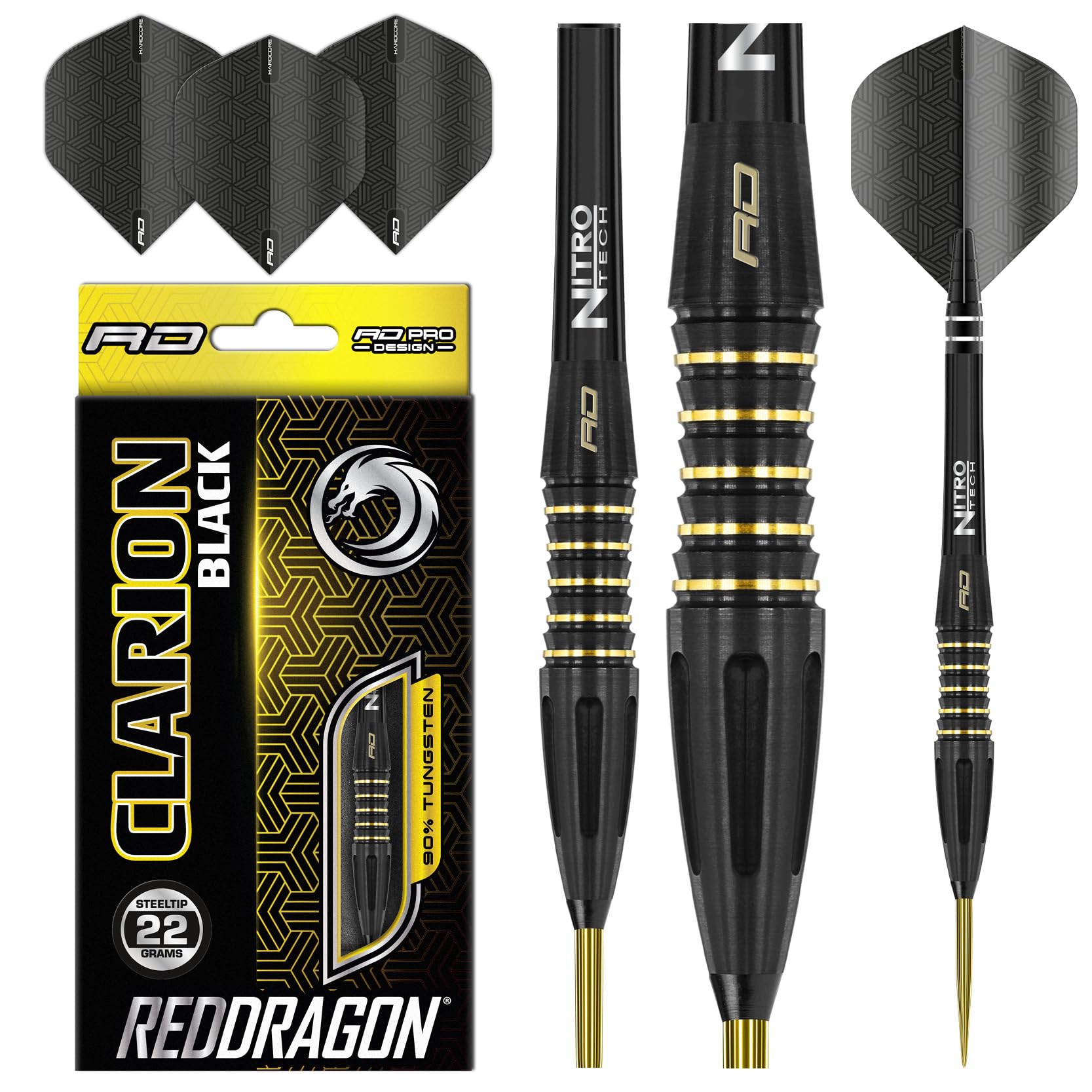 RED DRAGON Clarion Black 22g Tungsten Darts Set with Flights and Stems