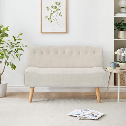 ThinkMax Sofa 2 Sitzer, Küchensofa, Couch, Doppelsofa, Polstersofa, Stoffsofa, Loungesofa Mit Lehne, Loveseat, In Leinenoptik und Holzbeinen, fürs Wohnzimmer Eingang Büro, Cremefarben