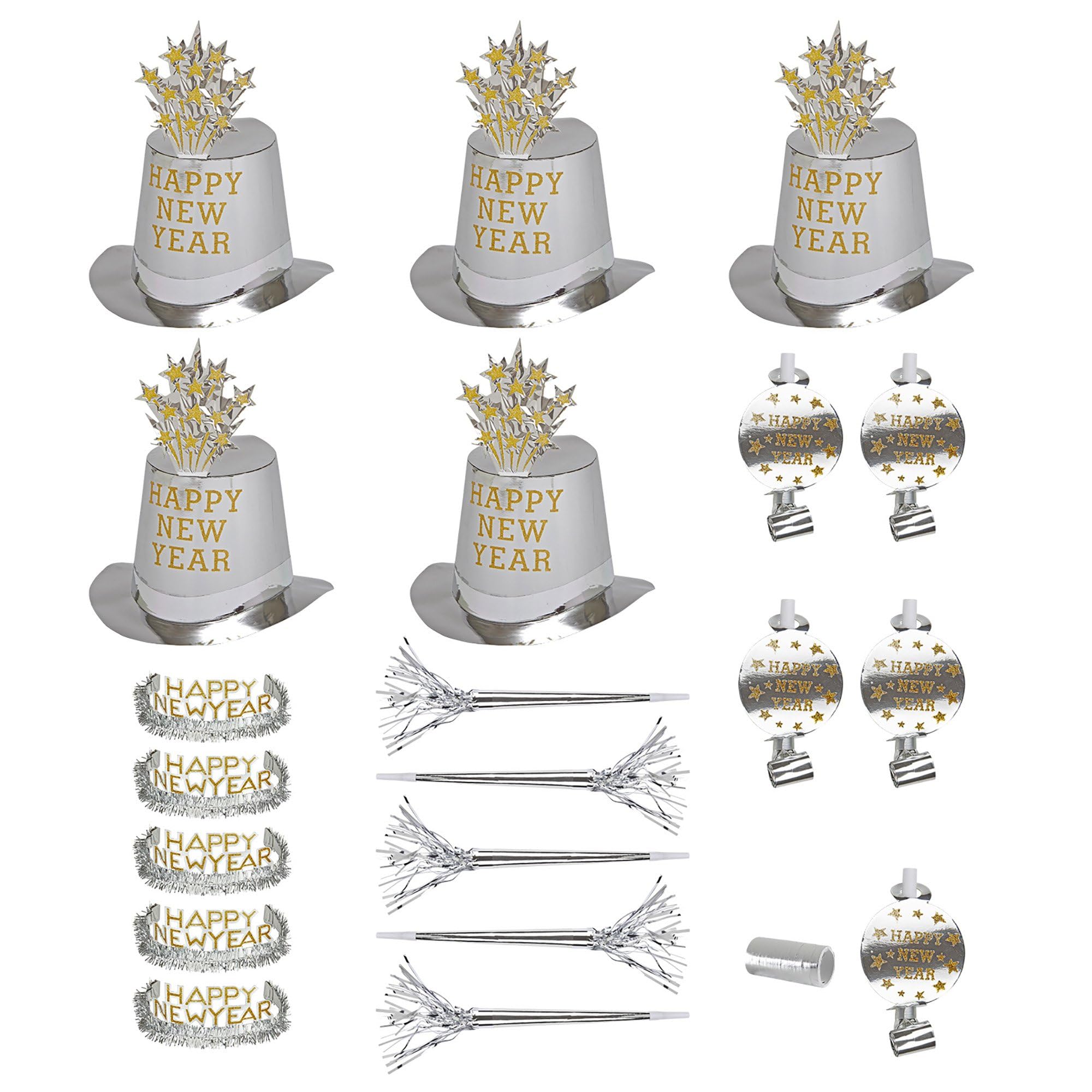 Widmann 8007C- Party-Set Happy New Year, Silber, Set aus 5 Partyhüten, 5 Kronen, 5 Partytrompeten, 5 Tröten und 1 Pack Luftschlangen, Silvester, Hut, Kopfschmuck, Accessoire, Mottoparty