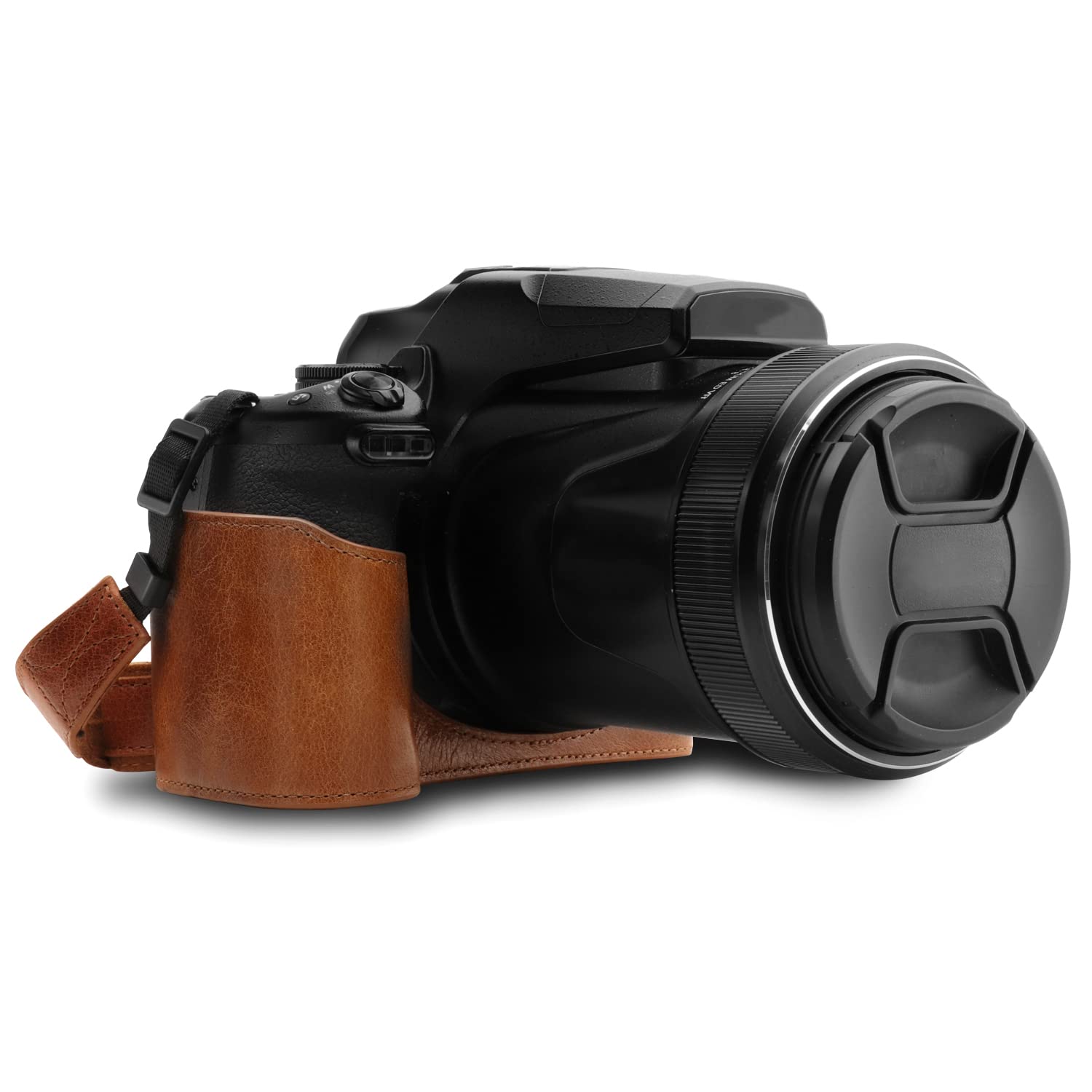 MegaGear MG1534 Nikon Coolpix P1000 Ever Ready Leder Kamera Halbtasche mit Trageriemen - Dunkelbraun