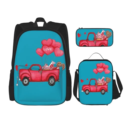 WURTON Romantischer Lastwagen-Herz-Ballon-Druck Rucksack Mädchen Jungen Schultaschen Teenager Lunchbox und Federmäppchen 3 in 1 Büchertaschen Set