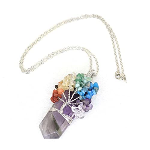 Natürlicher Kristall 7 Chakra Baum des Lebens Draht umwickelt Rose Pink Quarz Amethysten facettierte Anhänger Halskette,Amethyst,50cm