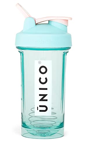 UNICO kristallblaue Shaker-Flasche – 680 ml – extra langlebig,auslaufsicher,Tritan-Kunststoff BPA-frei,gebogener Boden für einfache Reinigung,niedliche Shaker-Flaschen,Protein-Shaker mit Rührball