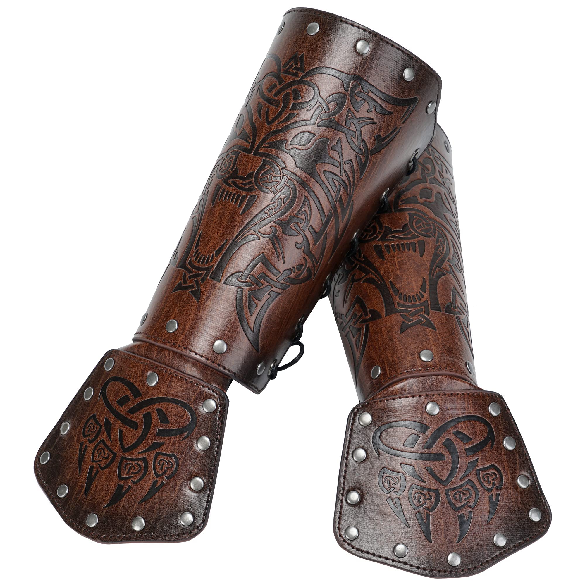 HiiFeuer Wikinger Fenrir Armschienen, Mittelalter Kunstleder Arm Rüstung Ritter Bracer LARP Halloween Kostüm (Brown)