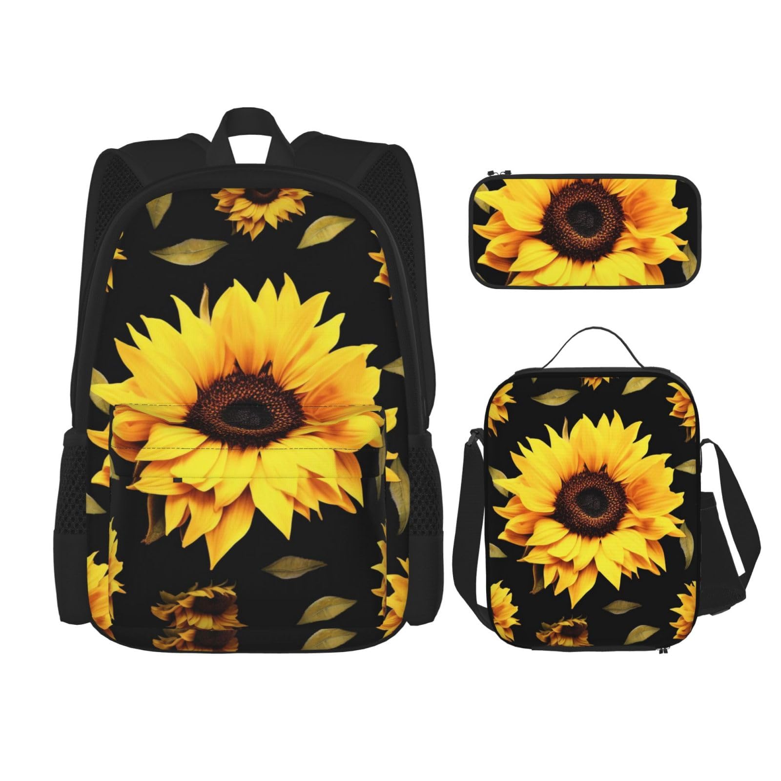 DENMER Mehrzweck-Schultasche mit Holzmaserung und passendem Federmäppchen und Lunchtasche - Ihre stilvolle All-in-One-Lösung, Sonnenblumenblühende Blumen Pflanzen schwarz und gelb, Einheitsgröße