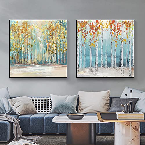 Leinwand Wandkunst Bild Abstrakte Gemälde Birken mit Goldfolie Nordic Poster für Innendekoration Kunstdrucke 70x70cmx2pcs Rahmenlos