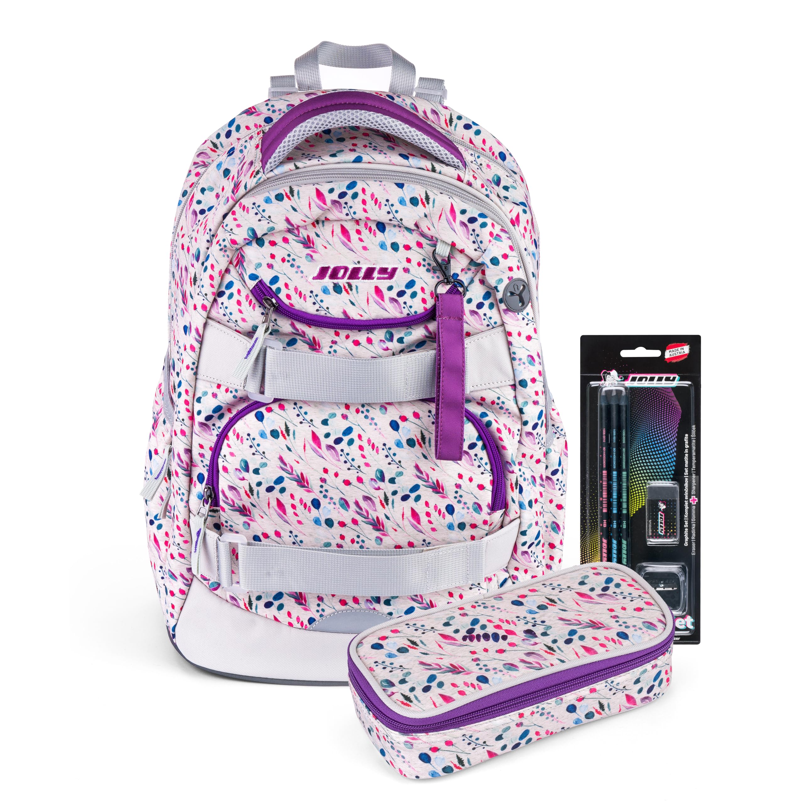 JOLLY Next Generation Rucksack, 8-teilig, verstellbare Schultergurte und Brustgurt, zwei große Fächer, Innenraumunterteilung, Seitentaschen für Trinkflasche, gepolsterter Tragegriff, Rosa/Violett