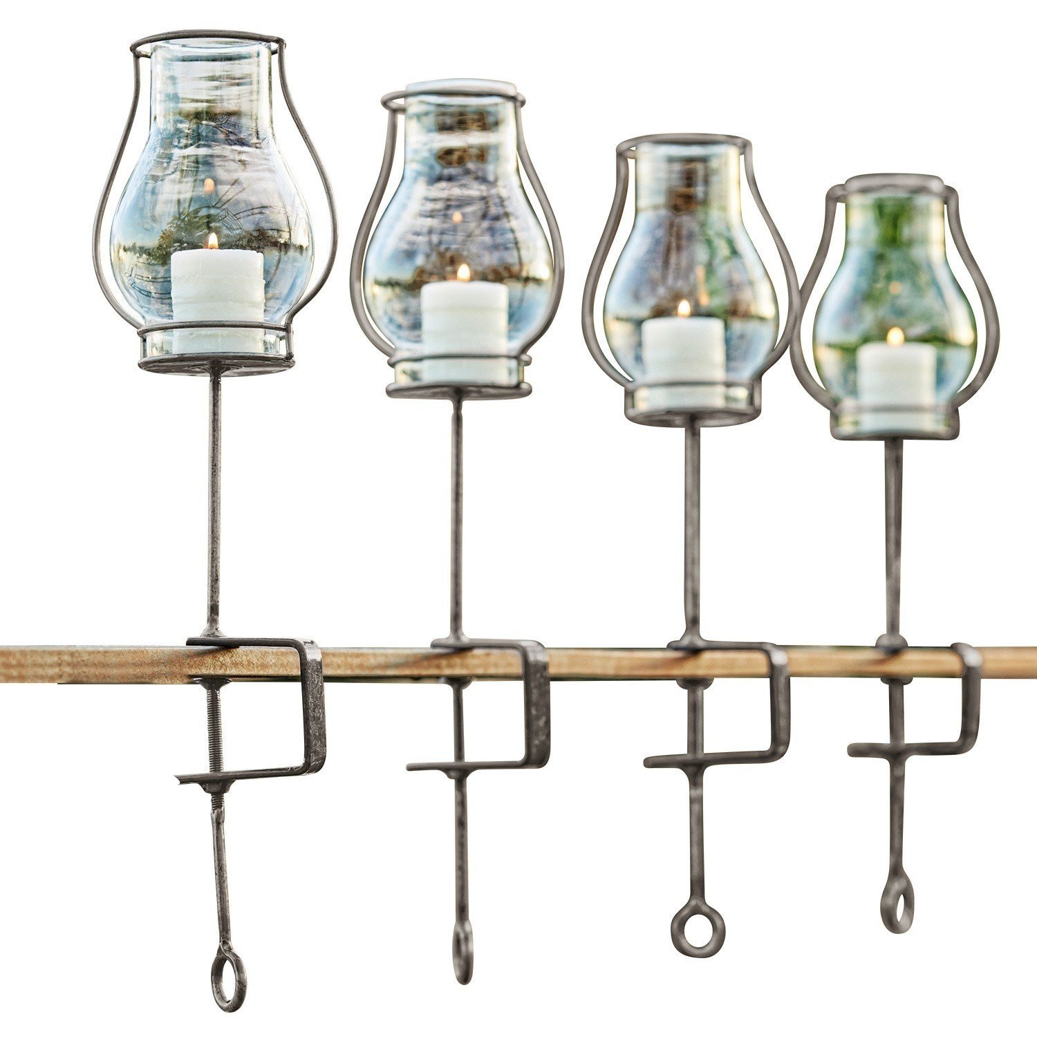 Loberon Windlicht 4er Set Calindra, klassischer Chic, Vintage-Charme, mit Schraubzwinge zum Befestigen, Indoor oder Outdoor, Glas, Eisen, klar/Silber