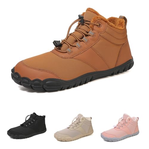 OTEB Barfußschuhe for den Winter, warme Schneestiefel for Reinschlüpfen, Zero Drop, breite Zehenbox, minimalistischer wasserdichter Wal, Barfuß-Winterstiefel(Brown,40 EU)