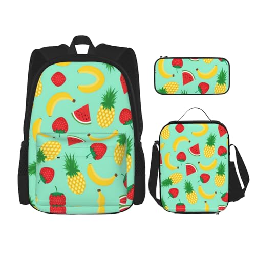 WURTON Schulterrucksack, Bananen-Erdbeer-Ananas-Druck, 3-in-1, Büchertaschen-Set, Lunchbox, Federmäppchen, Reise-Laptop, Tagesrucksäcke, Schwarz, Einheitsgröße