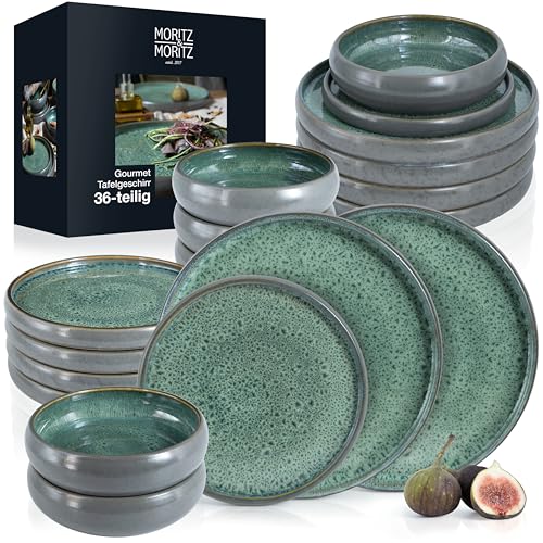 Moritz & Moritz SOLID 36-tlg Steinzeug Geschirr Set 12 Personen – Elegantes Teller Set aus hochwertigem Steinzeug – Geschirrset aus je 12 Dinner Teller, Kleine Teller, Tiefe Teller