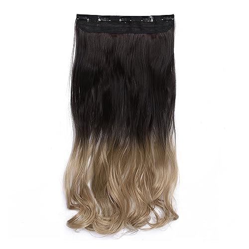 Clip-in-Haarverlängerungen Synthetische Haarverlängerungen, 24-Zoll-Haarverlängerungen, lange gewellte Damen-Clip-in-Haarverlängerungen in einem Stück, Schwarzbraun, Fake-Clip-Haarteil for Frauen Clip