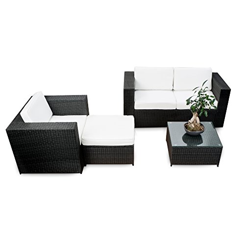 XINRO erweiterbares 12tlg. Polyrattan Lounge Möbel Set Balkon - schwarz - Sitzgruppe Garnitur Gartenmöbel Balkon Lounge Terrasse - inkl. Lounge Sofa + Sessel + Hocker + Tisch + Kissen