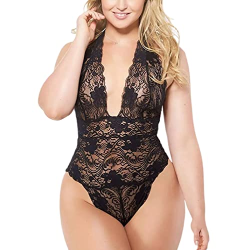 Damen Reizwäsche Teddy Unterwäsche Plus Size Lace Sexy Jumpsuit Einteiliges Nachthemd Schwarz Xxl