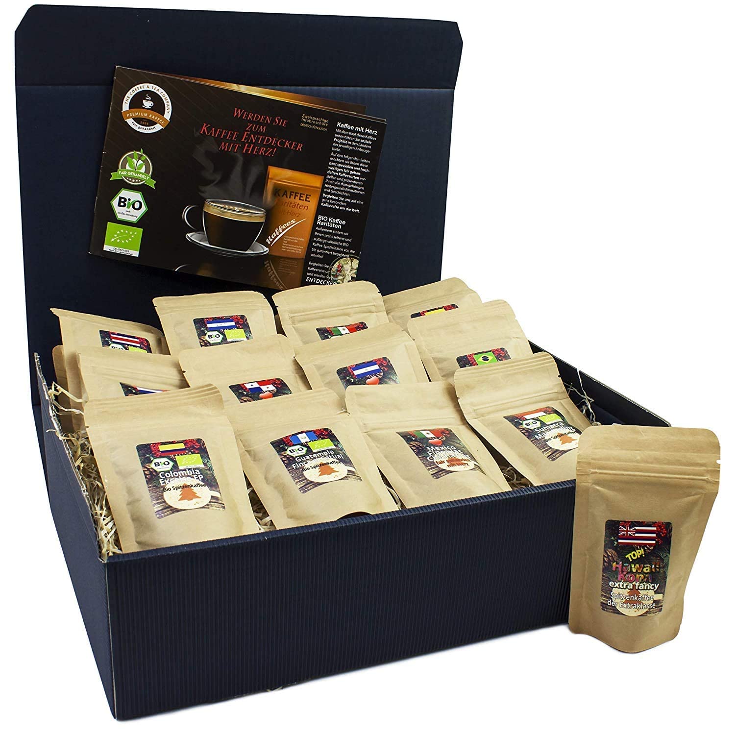 C&T Bio Fair Trade Kaffee Geschenk-Set | 13 Sorten á 20g Ganze Bohnen | Biologische & Fair gehandelte Kaffee Raritäten aus aller Welt + Überraschung | Geschenk für Männer und Frauen