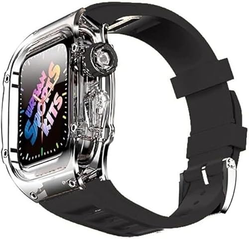 NEYENS 44 mm 45 mm transparente Abdeckung Uhrengehäuse Gummiband Mod Kit für Apple Watch 8 7 6 5 4 SE Serie, transparentes Uhrengehäuse, sportliches atmungsaktives Armband, Ersatzzubehör, 44MM, Achat