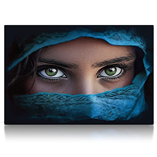 Burqa - Leinwand Bild - Wandbild aufhängefertig Arabische Frau Grüne Augen Mädchen verschleiert Orient Kunst Druck Bilder Wand Deko Modern Art XXL Wohnzimmer (80 x 60 cm, Leinwand auf Keilrahmen)