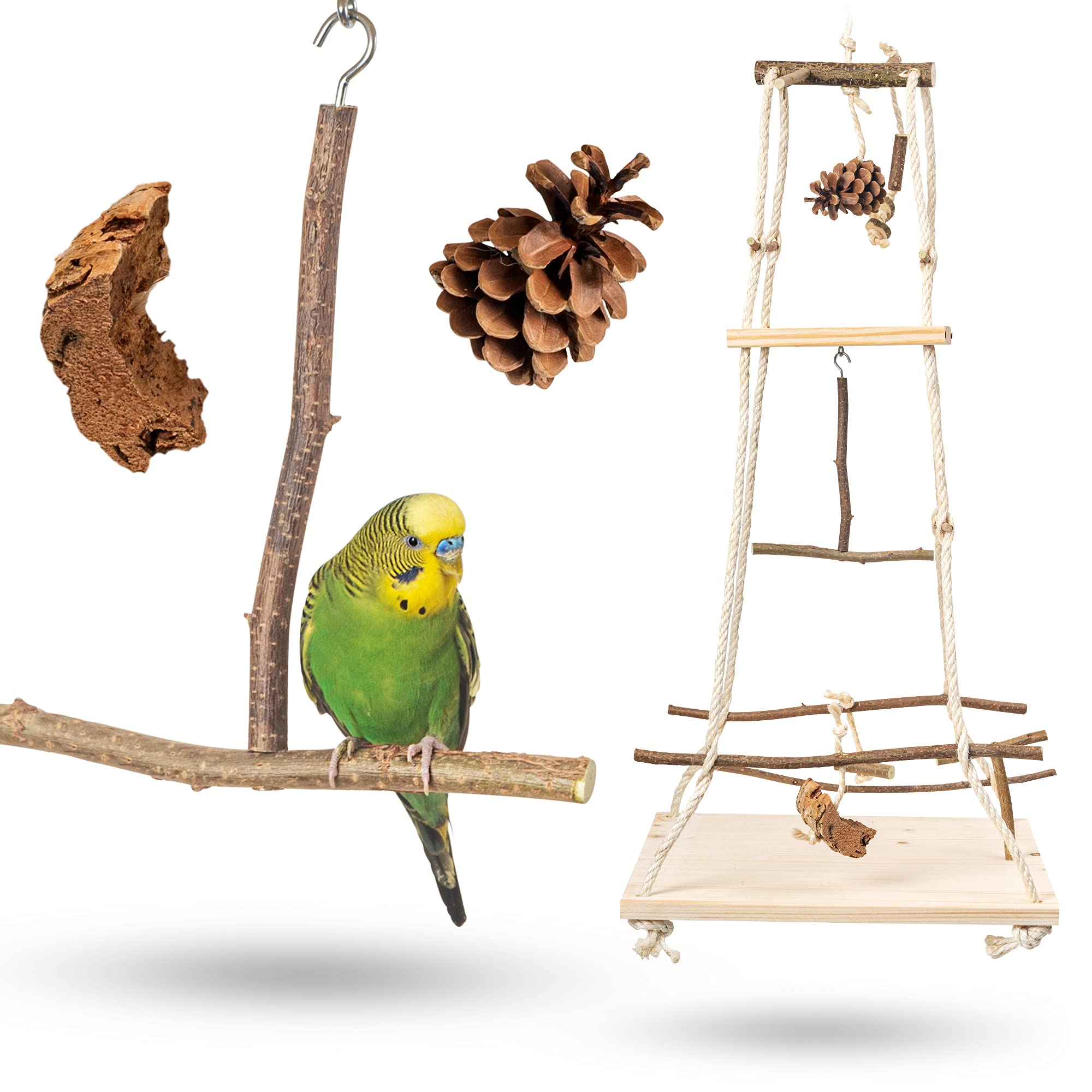 Vogelgaleria® Atemberaubender Vogelspielplatz hängend mit vielen Sitzstangen ! Tolles Vogelspielzeug für Wellensittich, Nymphensittich & Co.