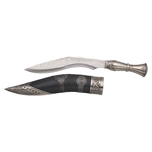 Amont Dolch Kukri oder khukuri nepalí 31085, vernickelter Griff und Knopf, Gesamtgröße 38,5 cm, Lederscheide mit Metalloberflächen, Gebogene Stahlklinge