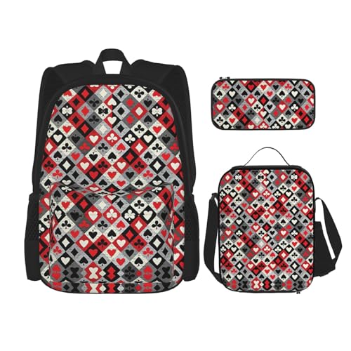 WURTON Schulrucksack-Set mit kariertem Rautenmuster, 3-in-1, Büchertaschen-Set mit Lunchbox, Federmäppchen, Reise-Laptop-Tagesrucksäcke