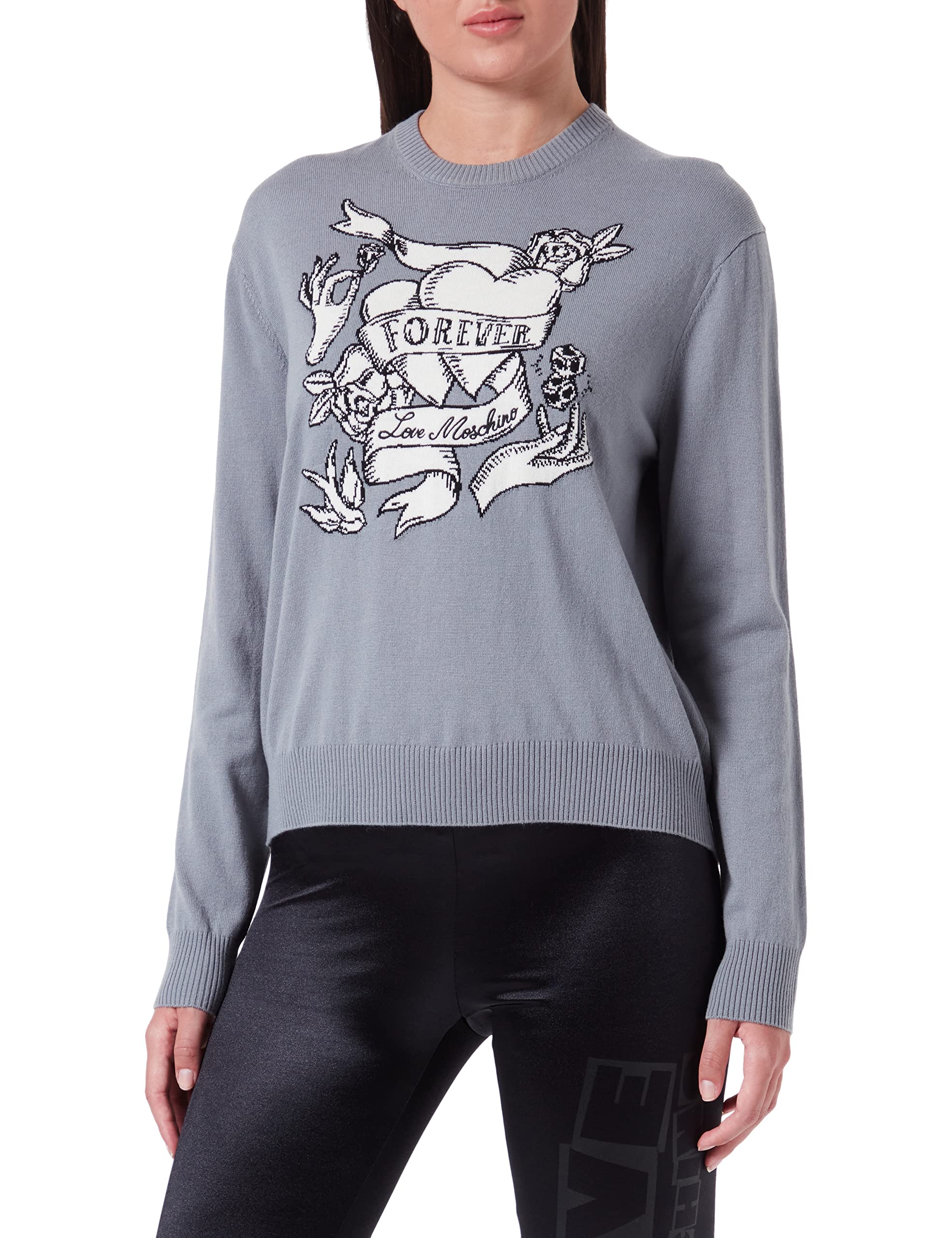 Love Moschino Damen Regular Fit Long-sleeved With Tattoo Effect Heart Intarsia pullover, Melange Dark Grey, 46 EU