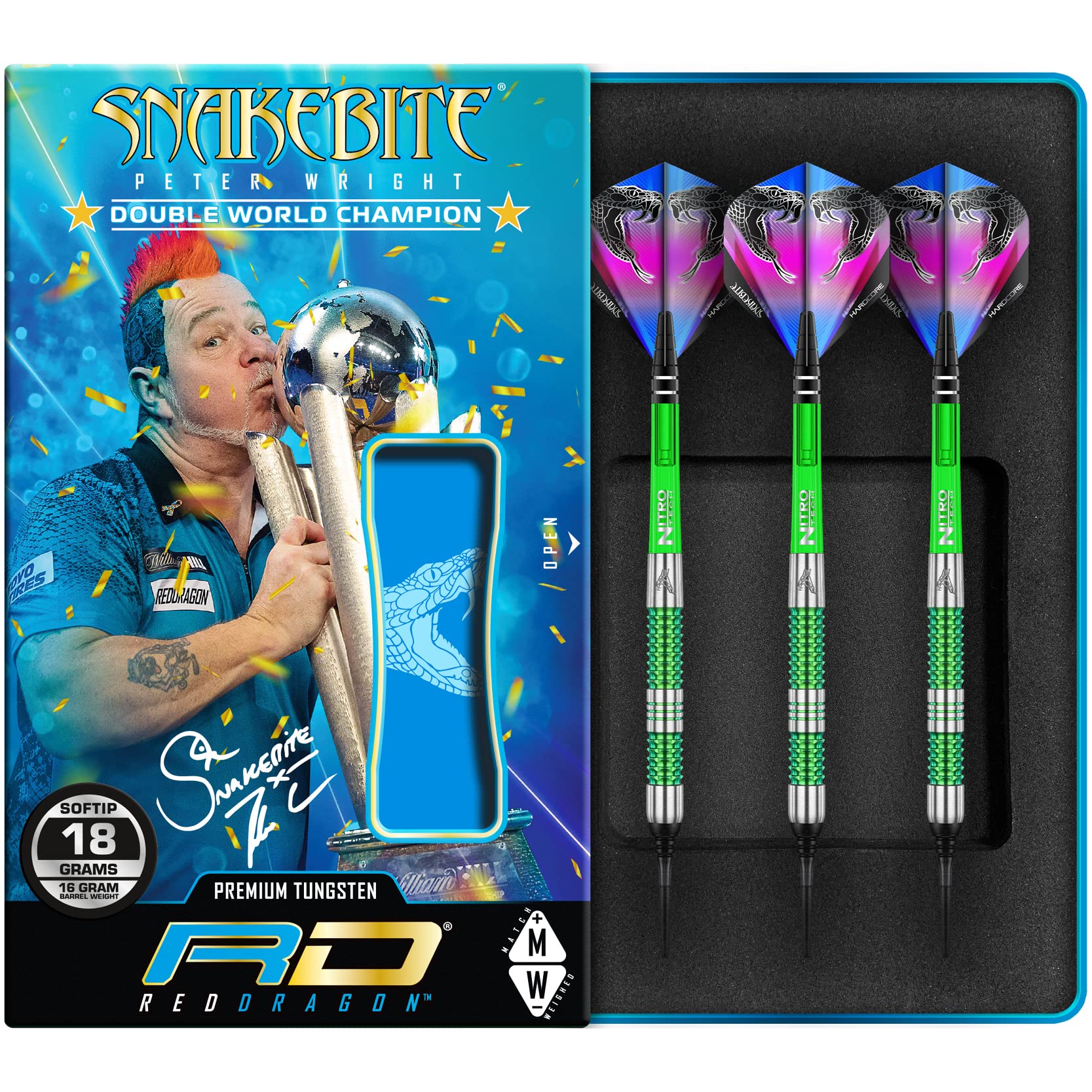 RED DRAGON Peter Wright Snakebite Mamba Soft-Tip - 18g - 90% Tungsten Steel Dartpfeile mit Snakebite Flights, Schäfte Checkout Card