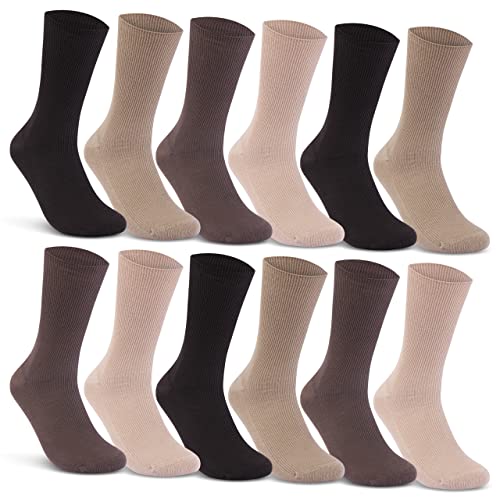 12 Paar Damen & Herren Socken ohne Gummidruck 100% Baumwolle (43-46, Beige/Braun)