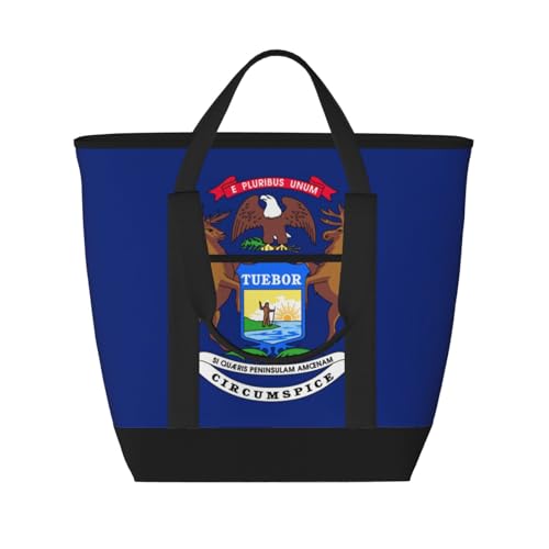 YQxwJL Isolierte Kühltasche mit Michigan-Staatsflagge, großes Fassungsvermögen, Einkaufstasche, Reisetasche, Strand, wiederverwendbare Einkaufstasche für Erwachsene, Schwarz, Einheitsgröße