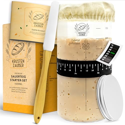 KRUSTENZAUBER Sauerteig Starter Set - 1000ml Gärglas mit Spatel u. Thermometer - Brot Backen Zubehör, Sauerteig Glas, Fermentieren, Sourdough Starter Kit, Anstellgut Glas Behälter, Fermentierglas