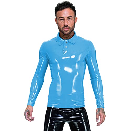 PVC Herrenhemden Stil Nachtclub Tops Umlegekragen Langarm T-Shirt T-Shirts Glänzende Kunstlatex Tops, Seeblau, XXL