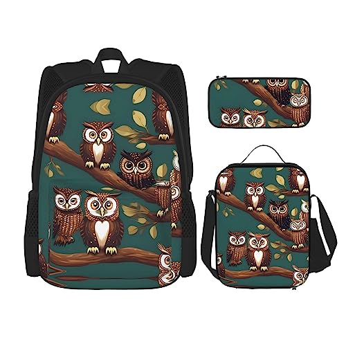 WURTON Magic Owel Print Lunchbox Federmäppchen Rucksack Set 3 Stück Verstellbare Träger Langlebig Leicht, Schwarz, One Size