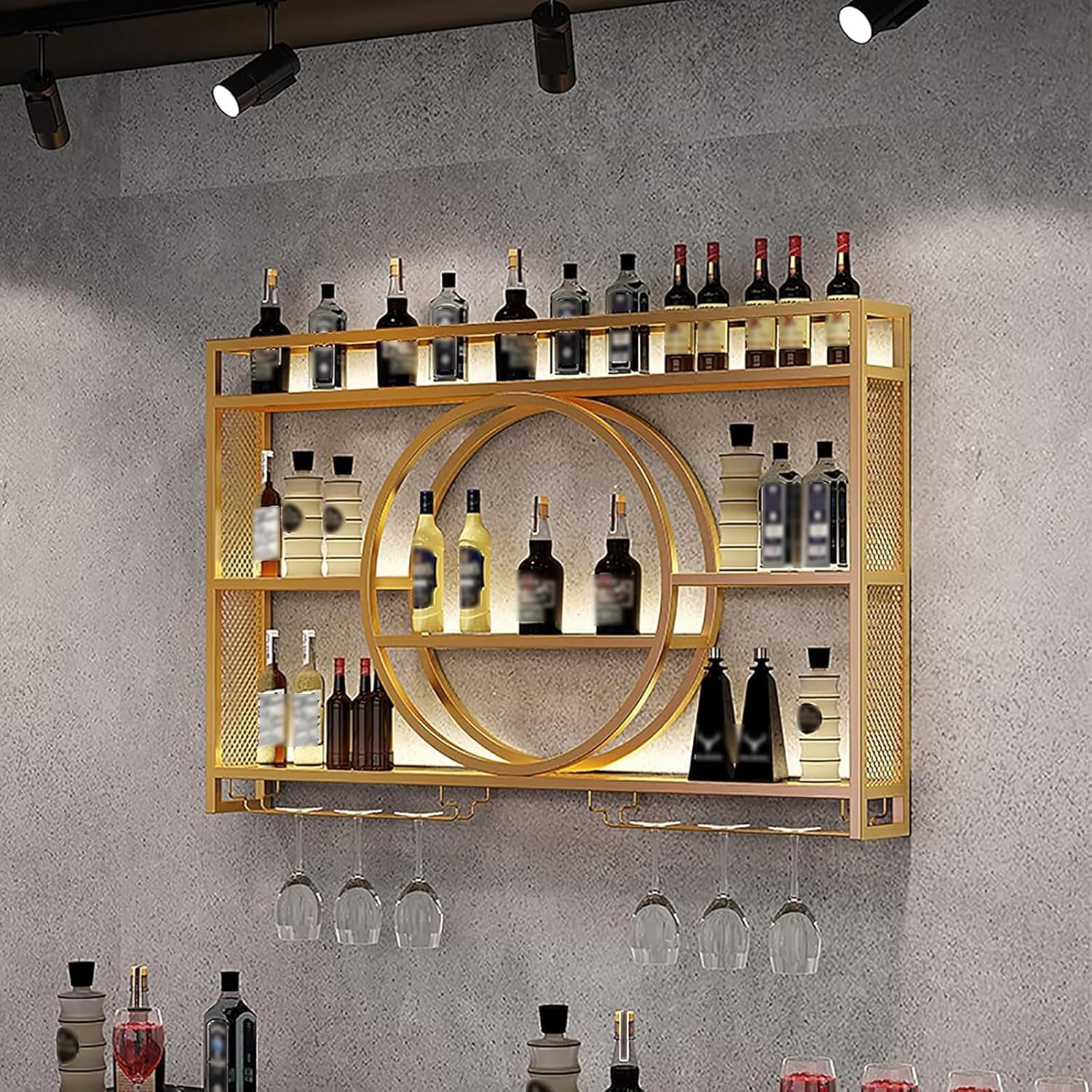 Modernes Wand-Weinregal aus Metall, Wand-Weinregale, Bareinheit, schwebende Regale, Glasflaschenregal, Eisen-Ausstellungsständer, Weinhalter für Zuhause, Restaurant, Bars, K, Gold, 100 x 15