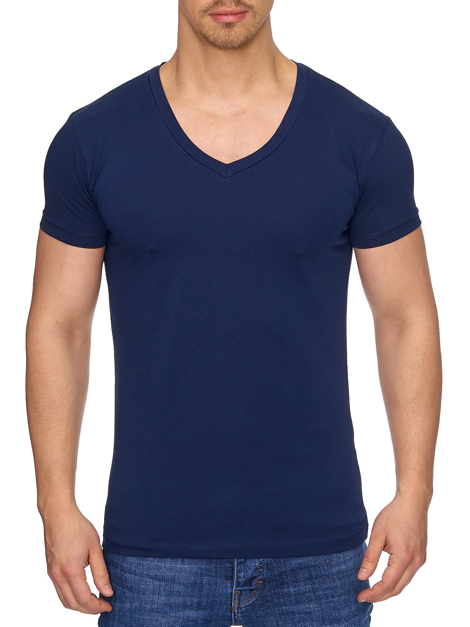 Reslad T-Shirt Herren mit V-Auschnitt Basic Shirt Herren Slim Fit Männer T-Shirts Kurzarm Baumwolle V-Neck 17100 Navyblau XL