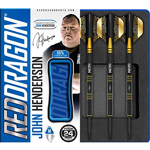 RED DRAGON John Henderson 24 Gramm Premium Tungsten Darts Set mit Flüge und Stielen