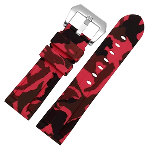 SCRUBY Silikon Uhrband für PAM111 386 441 Serie Armband Gurte 20mm 22 mm 24 mm 26 mm wasserdichtes Sport -Tarnarmband(Camo red silver,24mm)