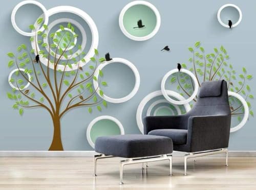 Weiß Geometrische Kreise Grüner Baum Fliegende Vögel 3D Tapete Poster Restaurant Schlafzimmer Wohnzimmer Sofa TV Dekorative Wand-430cm×300cm